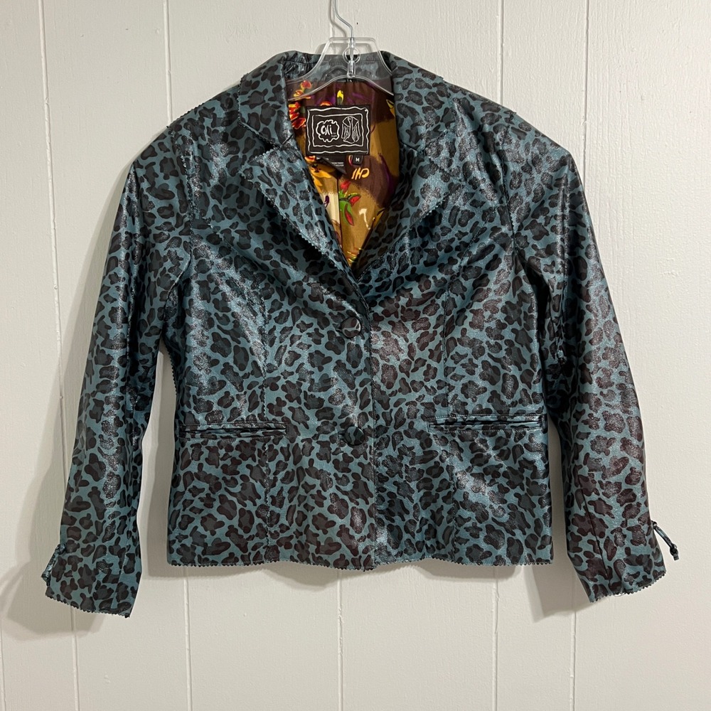 CHI by Falchi Blue Teal Leopard Print Faux Leather Jacket Women's Size M‎